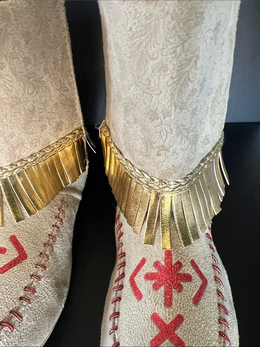 Disney Beige Moccasin Boots with Gold Fringe and Red Embroidery